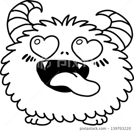 A cute black and white illustration of a monster with heart-shaped eyes in delight. 139703220