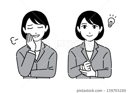 A young woman in a suit, with her hand on her cheek, deep in thought; positive; two different facial expressions. 139703280
