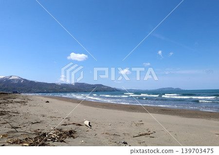 5月的北海道，風力渦輪機浮在石∆灣上，位於小樽市錢箱與石漾市交界處、新川河口處，俯瞰著石漾灣新港發電廠。 139703475