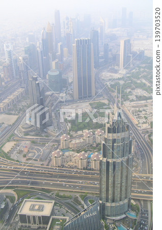 A stunning view of Dubai from the Burj Khalifa. 139703520