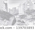 A street scene in central Tokyo. Illustrated style. Color halftone. 139703893