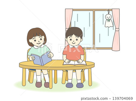 雨天裡,孩子們在讀書。 雨天裡,孩子們在讀書。 139704069