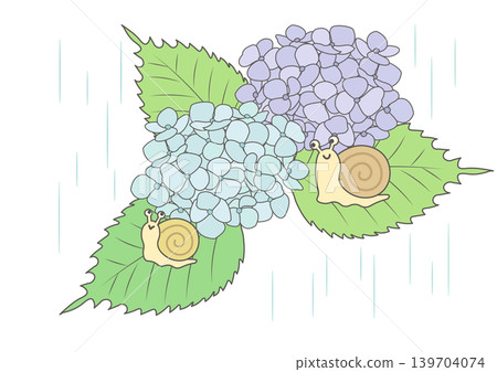 雨中繡球花和蝸牛的插圖。 雨中繡球花和蝸牛的插圖。 139704074