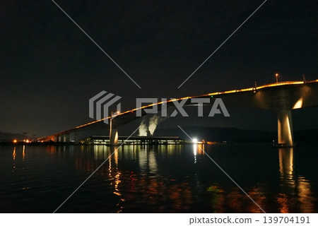 A view of the illuminated Ohashi Bridge from below. A view of the illuminated Ohashi Bridge from below. 139704191