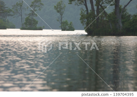 The water's surface at dusk and the island in the lake 139704395