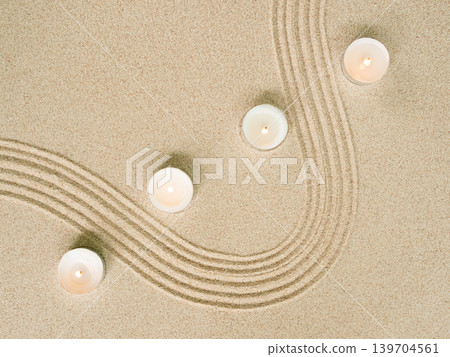 Zen Garden Sand Background Japanese Balance Meditation Relax Buddhism Spirituality, Pattern Line Wave Mandala Mockup Spa Vacation Yoga Lifestyle Natural Desert Summer, Texture Desert,Aroma Therapy. 139704561
