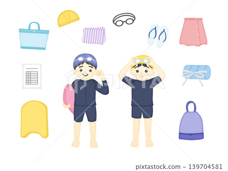 Children in swimsuits and pool equipment 139704581