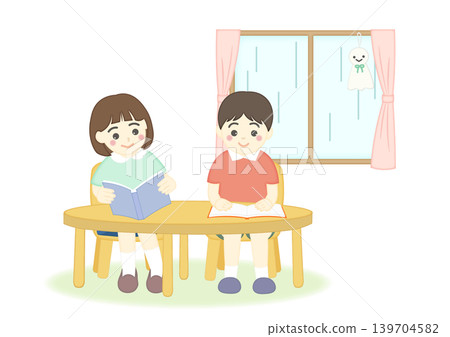 雨天裡,孩子們在讀書。 雨天裡,孩子們在讀書。 139704582