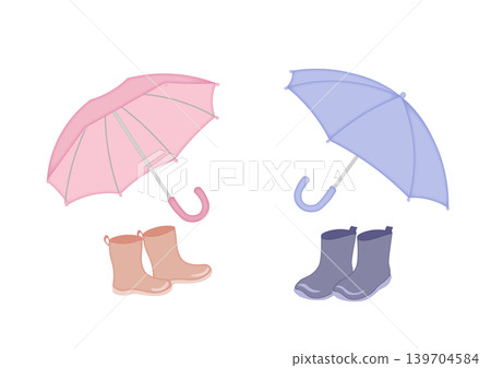 可愛的水彩風格插畫，描繪了一把雨傘和雨靴。 139704584