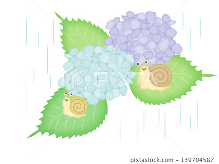 Watercolor-style illustration of hydrangeas and a snail in the rain 139704587