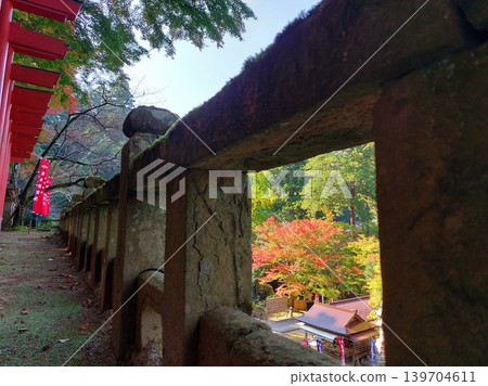 Autumn foliage scenery framed in a picture frame composition at a temple in autumn, and souvenir shop Autumn foliage scenery framed in a picture frame composition at a temple in autumn, and souvenir shop 139704611