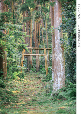 The primeval forest path leading to Oyama Shrine on Yakushima Island and the tranquil torii gate. The primeval forest path leading to Oyama Shrine on Yakushima Island and the tranquil torii gate. 139704674