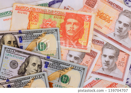 Official Cuban convertible peso bills arranged together American hundred dollar bills Official Cuban convertible peso bills arranged together American hundred dollar bills 139704707