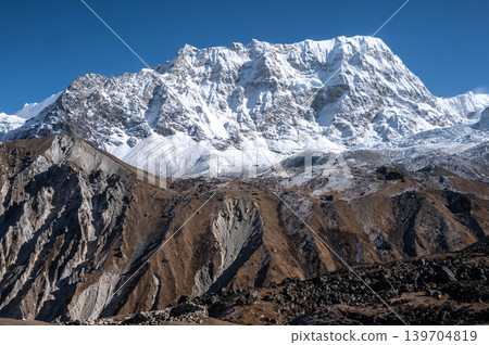 Scenery view of snowcapped mountains seen from Tsergo Ri viewpoint in Langtang valley, Nepal. Scenery view of snowcapped mountains seen from Tsergo Ri viewpoint in Langtang valley, Nepal. 139704819