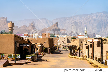 Traditional mud brick architecture and scenic mountain landscape in the heritage site of AlUla Old Town, Saudi Arabia Traditional mud brick architecture and scenic mountain landscape in the heritage site of AlUla Old Town, Saudi Arabia 139705035