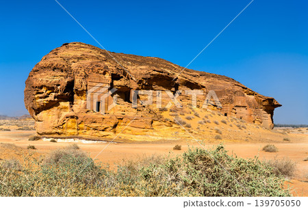 Historic Nabatean tombs at Jabal Al Ahmar in AlUla 139705050