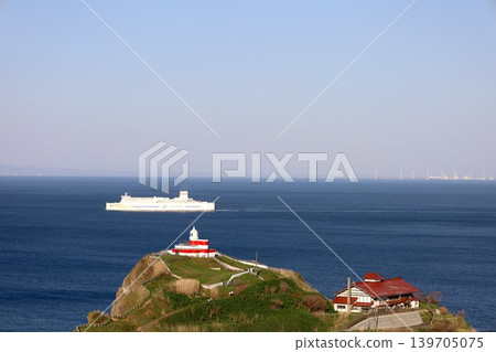 A view of the Sea of Japan from the Shukutsu Panorama Observatory in Otaru City, Hokkaido, in early May, with a spring ferry sailing offshore. A view of the Sea of Japan from the Shukutsu Panorama Observatory in Otaru City, Hokkaido, in early May, with a spring ferry sailing offshore. 139705075