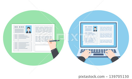 Illustrations of writing a paper resume by hand and creating a resume on a computer. Illustrations of writing a paper resume by hand and creating a resume on a computer. 139705130