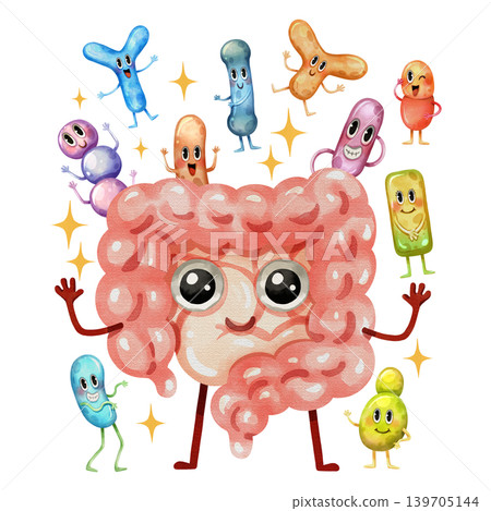 Happy watercolor intestine character surrounded by friendly probiotics bacteria and sparkles. Perfect for promoting gut health, supplements, prebiotics, and a balanced microbiome. Happy watercolor intestine character surrounded by friendly probiotics bacteria and sparkles. Perfect for promoting gut health, supplements, prebiotics, and a balanced microbiome. 139705144