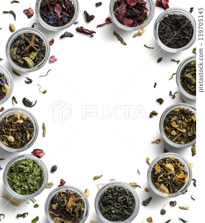 Large assortment of tea on a white background. The view from the top 139705145