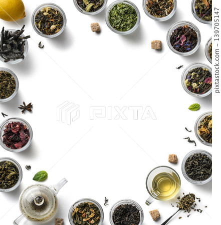 Large assortment of tea on a white background. The view from the top Large assortment of tea on a white background. The view from the top 139705147