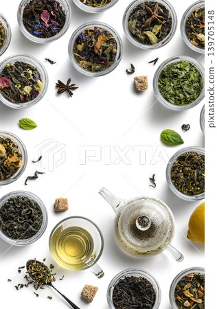 Large assortment of tea on a white background. The view from the top Large assortment of tea on a white background. The view from the top 139705148