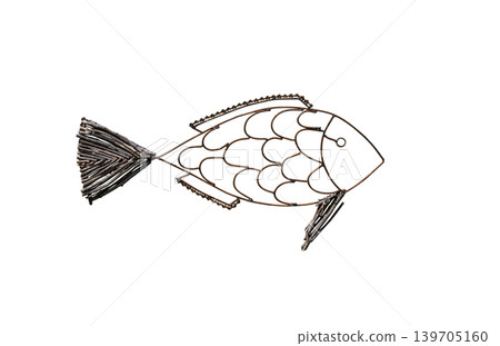 Fish made of recycle metal and branches for Decorate isolated on white background with copy space Fish made of recycle metal and branches for Decorate isolated on white background with copy space 139705160