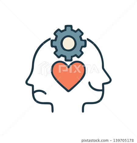 Simplified Stylized Outline of Two Human Heads with a Heart and Gear Symbol Inside Representing Mind and Emotion Connection 139705178
