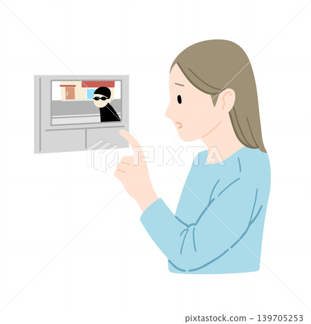女子查看對講機監視器；沒有電線。 139705253
