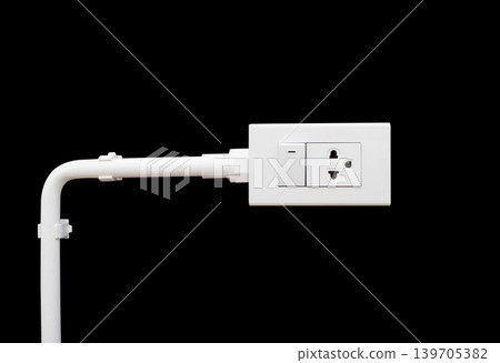 Close-up White Switch And  Plug isolated on black background with copy space 139705382