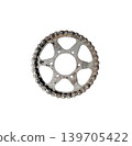 Old chain of motor engine. Close up of a dirty motorcycle chain with a motor oil on a wheel and metal parts,Circle isolated on white background 139705422