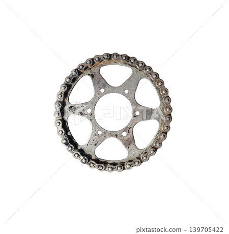 Old chain of motor engine. Close up of a dirty motorcycle chain with a motor oil on a wheel and metal parts,Circle isolated on white background Old chain of motor engine. Close up of a dirty motorcycle chain with a motor oil on a wheel and metal parts,Circle isolated on white background 139705422