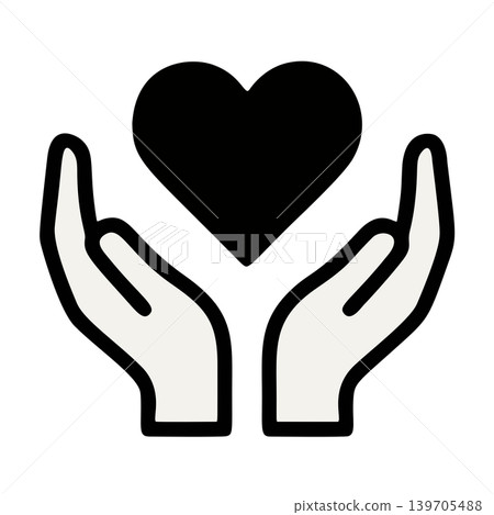 Minimalist Black Heart Shape Held Gently Between Two Open Hands Outline Icon 139705488