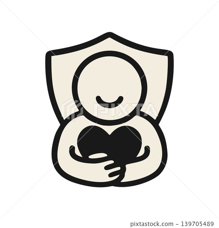 Stylized Simple Hand Drawn Person Holding Heart Shape Inside Shield Emblem Graphic 139705489