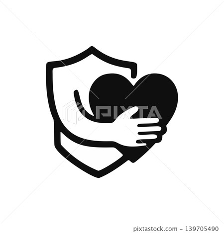 Minimalist Line Art Shield Protecting a Large Heart Shape Icon Symbol 139705490