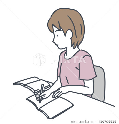 一位女性在家認真學習的插圖。 (複習、準備、簡筆畫) 一位女性在家認真學習的插圖。 (複習、準備、簡筆畫) 139705535