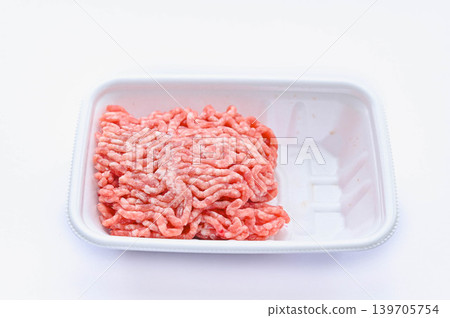 Domestic ground pork in a food tray with a white background. Domestic ground pork in a food tray with a white background. 139705754
