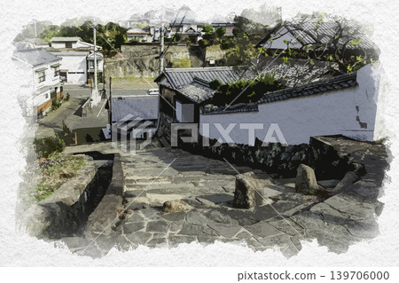 Watercolor-style painting of Ameya (Rainy Night) Slope in Kitsuki, Oita Prefecture 139706000