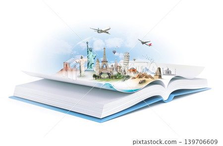 World travel and cultural heritage concept, global landmarks on the book. World travel and cultural heritage concept, global landmarks on the book. 139706609