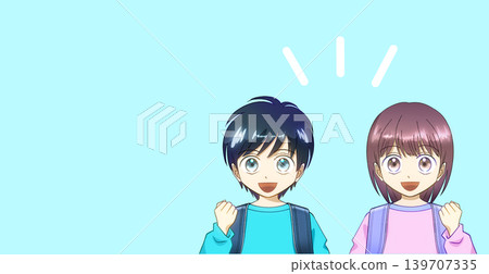 動漫風格的插圖,描繪了背著書包的小學生男女生。 動漫風格的插圖,描繪了背著書包的小學生男女生。 139707335