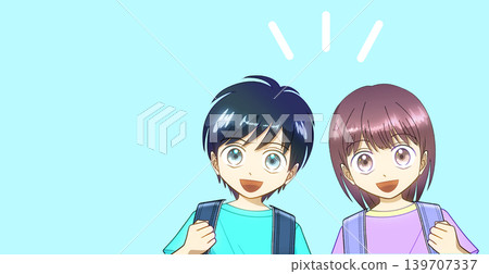 Anime-style illustration of elementary school boys and girls carrying school bags Anime-style illustration of elementary school boys and girls carrying school bags 139707337
