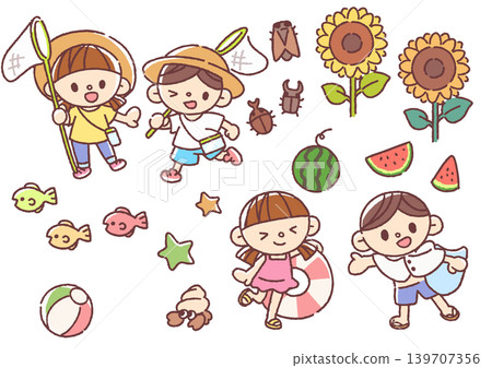 A set of illustrations of boys and girls enjoying their summer vacation. A set of illustrations of boys and girls enjoying their summer vacation. 139707356