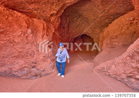 Adventurous mature tourist visiting the historical mining site of Las Medulas, Spain 139707358