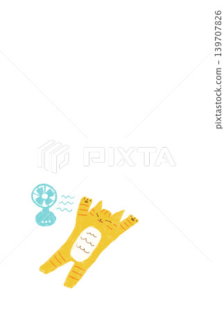 A cute summer animal illustration: a tabby cat napping with its tongue sticking out, next to a fan. A cute summer animal illustration: a tabby cat napping with its tongue sticking out, next to a fan. 139707826