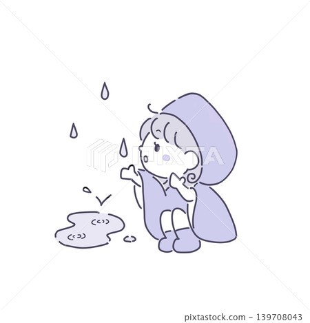 A rainy season illustration of a girl in a raincoat playing in a puddle. 139708043