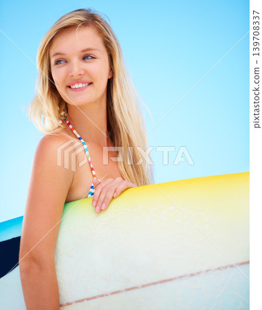Surf, board and woman at beach thinking about summer, vacation and holiday mock up space. Happy, face and person outdoor in sunshine on blue background with confidence and a smile for watersports Surf, board and woman at beach thinking about summer, vacation and holiday mock up space. Happy, face and person outdoor in sunshine on blue background with confidence and a smile for watersports 139708337