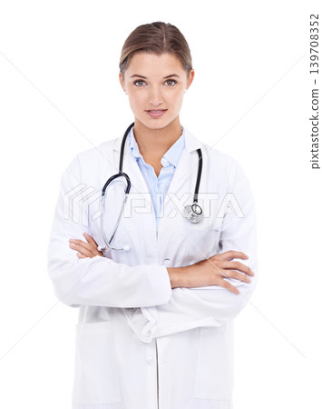 Doctor, woman or arms crossed in studio or portrait with confidence in medical career as cardiologist. Pride, coat or medicine consultant with name tag or healthcare isolated on white background Doctor, woman or arms crossed in studio or portrait with confidence in medical career as cardiologist. Pride, coat or medicine consultant with name tag or healthcare isolated on white background 139708352