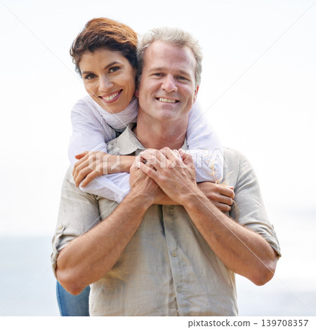 Mature, couple and hug in portrait outdoor on holiday, vacation or relax in morning with mockup space. Happy, woman and man with love, respect or gratitude for marriage together with smile in summer 139708357