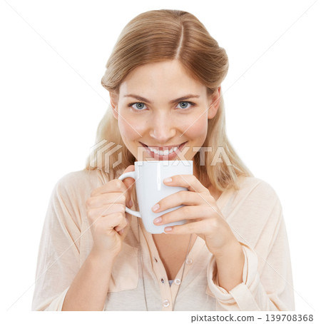 Happy, portrait and woman relax with coffee in studio with calm, moment or comforting drink on white background. Face, smile and female model with cup of tea for me time, self care or satisfaction Happy, portrait and woman relax with coffee in studio with calm, moment or comforting drink on white background. Face, smile and female model with cup of tea for me time, self care or satisfaction 139708368