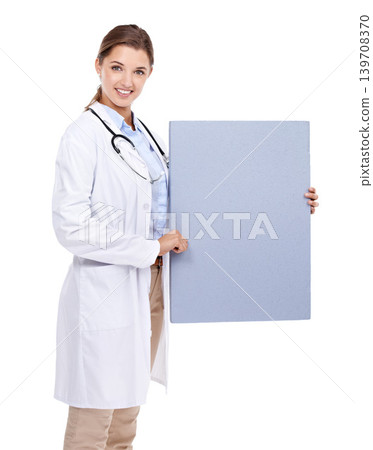 Poster, sign and happy portrait of doctor in white background, studio and mock up space. Medical, information and woman with board, presentation and paper for news in healthcare, hospital or clinic 139708370